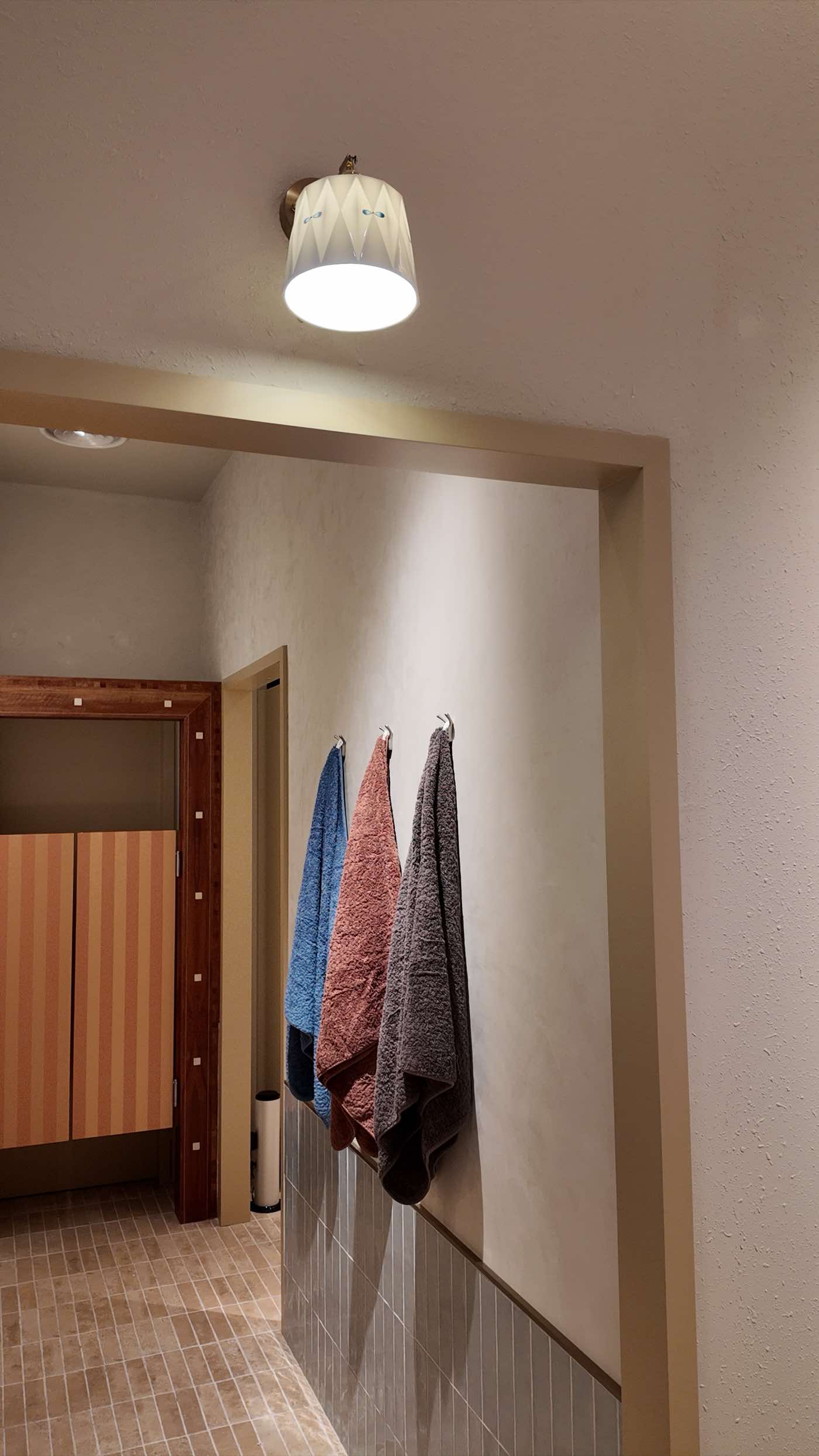 Towels on hooks in a softly lit passage